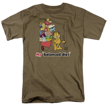 Safari green men's regular fit t-shirt with Garfield Balanced Diet graphic