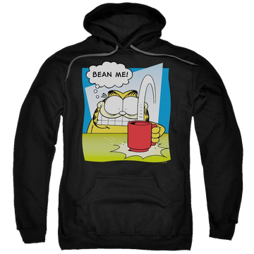 Black pullover hoodie with Garfield Bean Me graphic