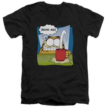 Black men's v-neck t-shirt with Garfield Bean Me graphic