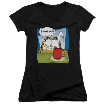 Black juniors v-neck t-shirt with Garfield Bean Me graphic