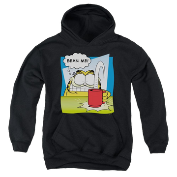 Black youth hoodie for ages 8 to 12 with Garfield Bean Me graphic