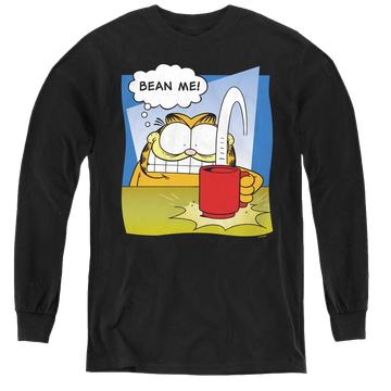 Black youth long sleeve t-shirt with Garfield Bean Me graphic