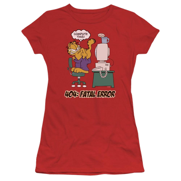 Red juniors t-shirt with Garfield Compute This graphic