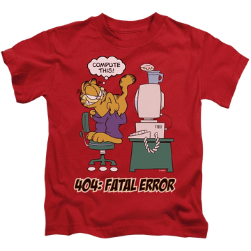 Red kid's t-shirt for ages 4 to 7 with Garfield Compute This graphic