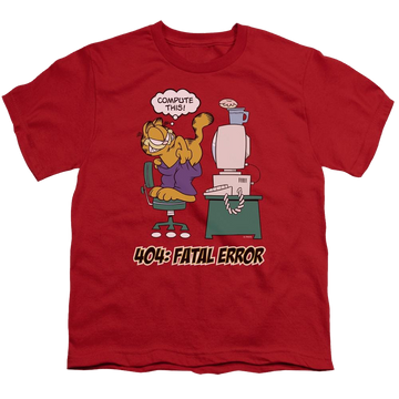 Red youth t-shirt for ages 8 to 12 with Garfield Compute This graphic