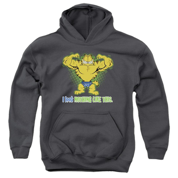 Charcoal youth hoodie for ages 8 to 12 with Garfield Nothing Like This graphic