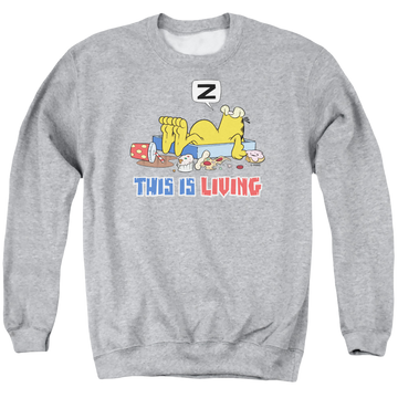 Athletic heather men's crewneck sweatshirt with Garfield This Is Living graphic