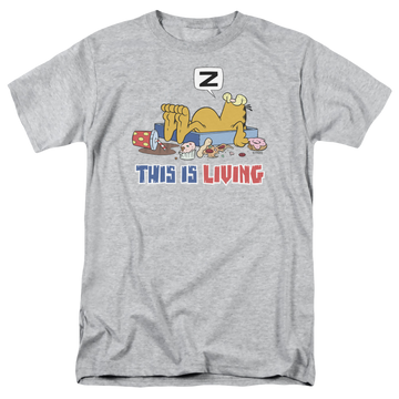 Athletic heather men's regular fit t-shirt with Garfield This Is Living graphic