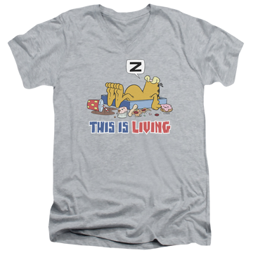 Athletic heather men's v-neck t-shirt with Garfield This Is Living graphic