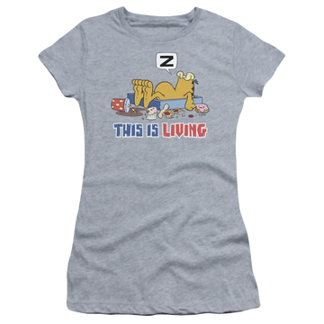Athletic heather juniors t-shirt with Garfield This Is Living graphic