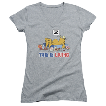 Athletic heather juniors v-neck t-shirt with Garfield This Is Living graphic