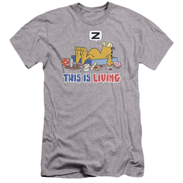 Athletic heather men's premium slim fit t-shirt with Garfield This Is Living graphic