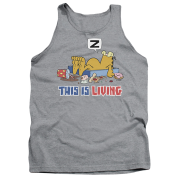 Athletic heather men's tank with Garfield This Is Living graphic
