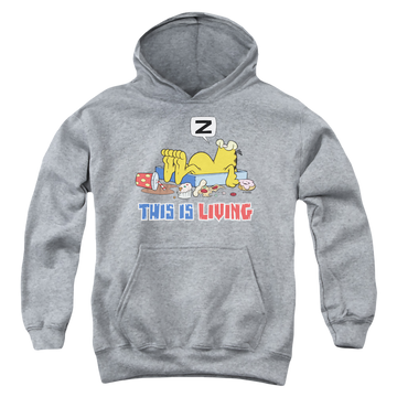Athletic heather youth hoodie for ages 8 to 12 with Garfield This Is Living graphic