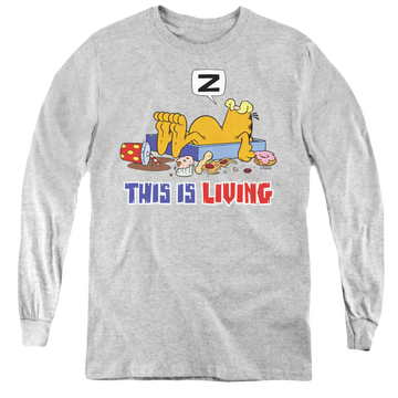 Athletic heather youth long sleeve t-shirt with Garfield This Is Living graphic