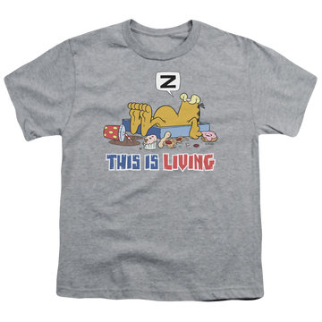 Athletic heather youth t-shirt for ages 8 to 12 with Garfield This Is Living graphic