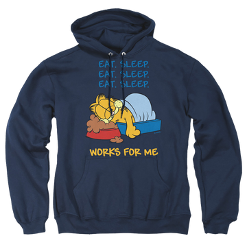 Navy pullover hoodie with Garfield Works For Me graphic