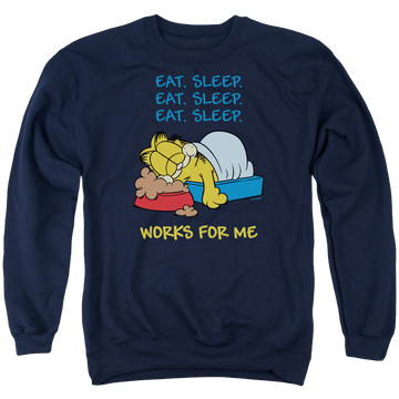 Navy men's crewneck sweatshirt with Garfield Works For Me graphic