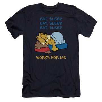 Navy men's premium slim fit t-shirt with Garfield Works For Me graphic
