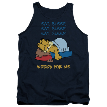 Navy men's tank with Garfield Works For Me graphic