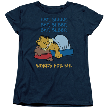 Navy women's t-shirt with Garfield Works For Me graphic