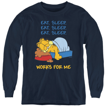 Navy youth long sleeve t-shirt with Garfield Works For Me graphic