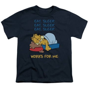 Navy youth t-shirt for ages 8 to 12 with Garfield Works For Me graphic