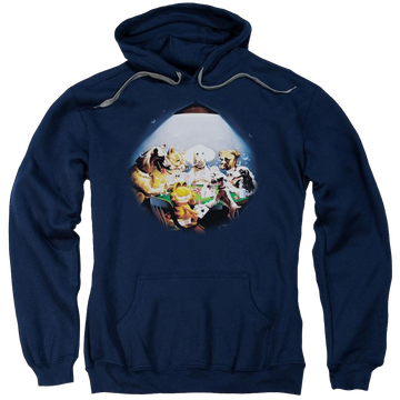 Navy pullover hoodie with Garfield Playing With The Big Dogs graphic