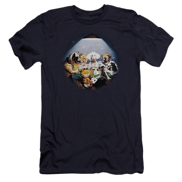 Navy men's premium slim fit t-shirt with Garfield Playing With The Big Dogs graphic
