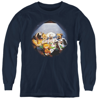 Navy youth long sleeve t-shirt with Garfield Playing With The Big Dogs graphic