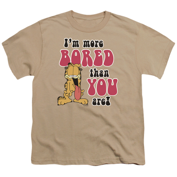 Sand youth t-shirt for ages 8 to 12 with Garfield More Bored graphic
