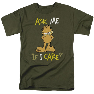 Military green men's regular fit t-shirt with Garfield Ask Me If I Care graphic