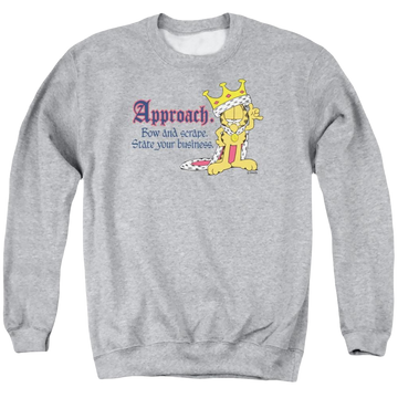 Athletic heather men's crewneck sweatshirt with Garfield State Your Business graphic