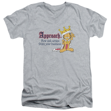 Athletic heather men's v-neck t-shirt with Garfield State Your Business graphic