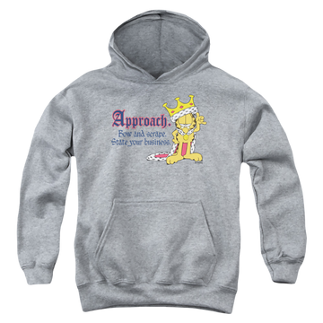 Athletic heather youth hoodie for ages 8 to 12 with Garfield State Your Business graphic