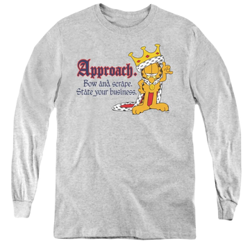 Athletic heather youth long sleeve t-shirt with Garfield State Your Business graphic