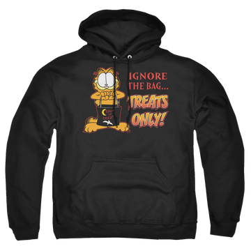 Black pullover hoodie with Garfield Treats Only graphic