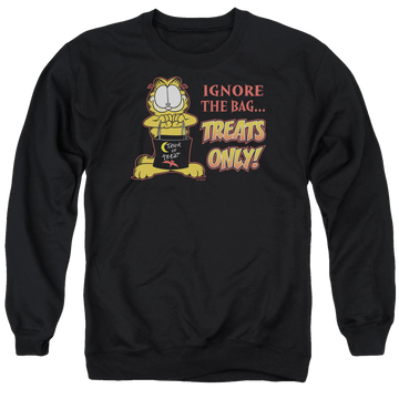Black men's crewneck sweatshirt with Garfield Treats Only graphic