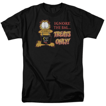 Black men's regular fit t-shirt with Garfield Treats Only graphic