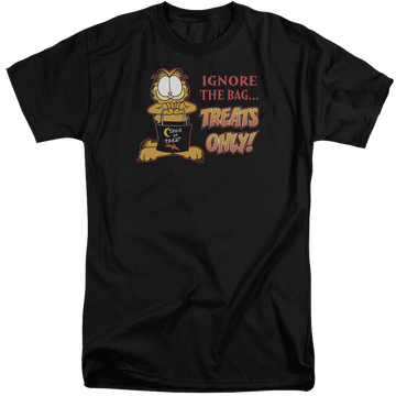 Black men's tall fit t-shirt with Garfield Treats Only graphic
