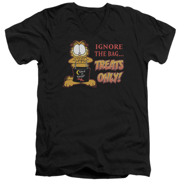 Black men's v-neck t-shirt with Garfield Treats Only graphic