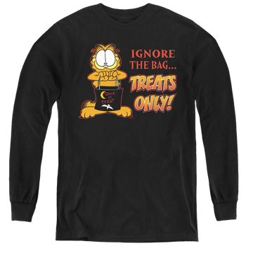 Black youth long sleeve t-shirt with Garfield Treats Only graphic