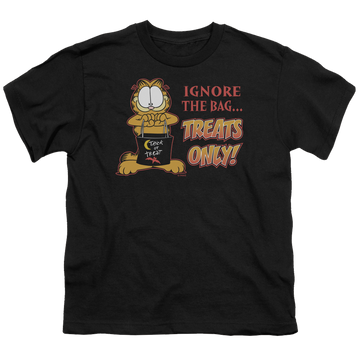 Black youth t-shirt for ages 8 to 12 with Garfield Treats Only graphic