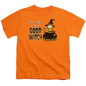 Orange youth t-shirt for ages 8 to 12 with Garfield Trust Me graphic