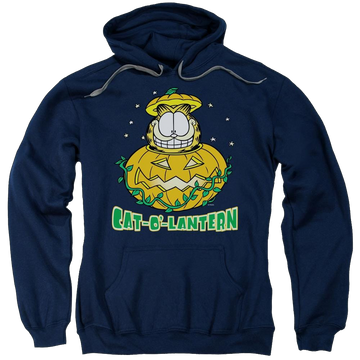 Navy pullover hoodie with Garfield Cat O Lantern graphic