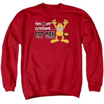 Red men's crewneck sweatshirt with Garfield Cat Man graphic