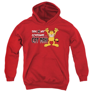 Red youth hoodie for ages 8 to 12 with Garfield Cat Man graphic