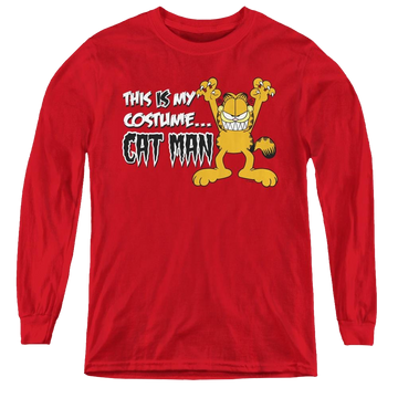 Red youth long sleeve t-shirt with Garfield Cat Man graphic