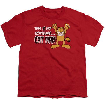 Red youth t-shirt for ages 8 to 12 with Garfield Cat Man graphic