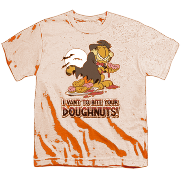 Orange youth t-shirt for ages 8 to 12 with Garfield I Vant Doughnuts graphic